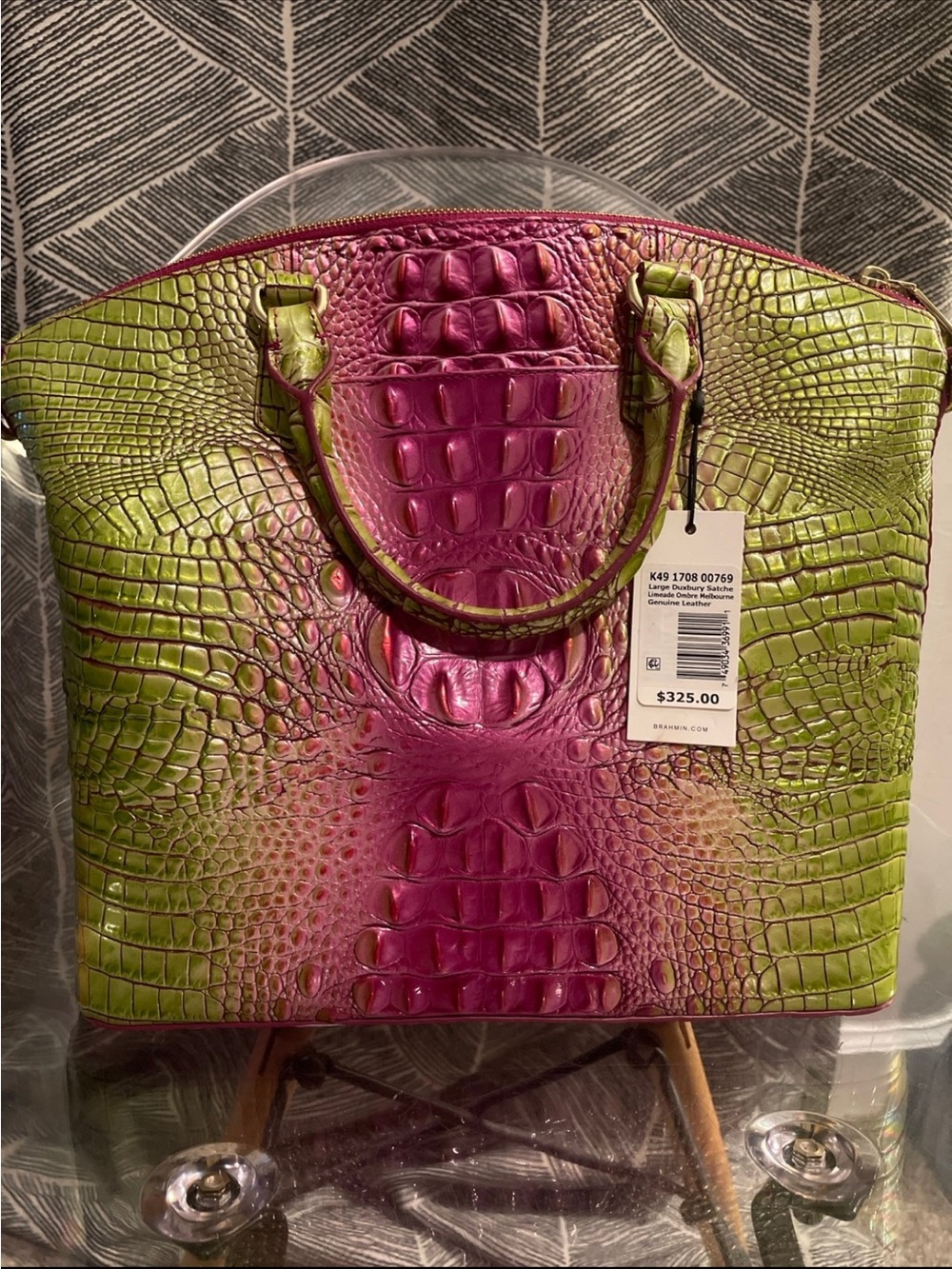 Brahmin Pink & Green Croc-Embossed Dome Satchel with Removable Strap - Picture 4 of 7